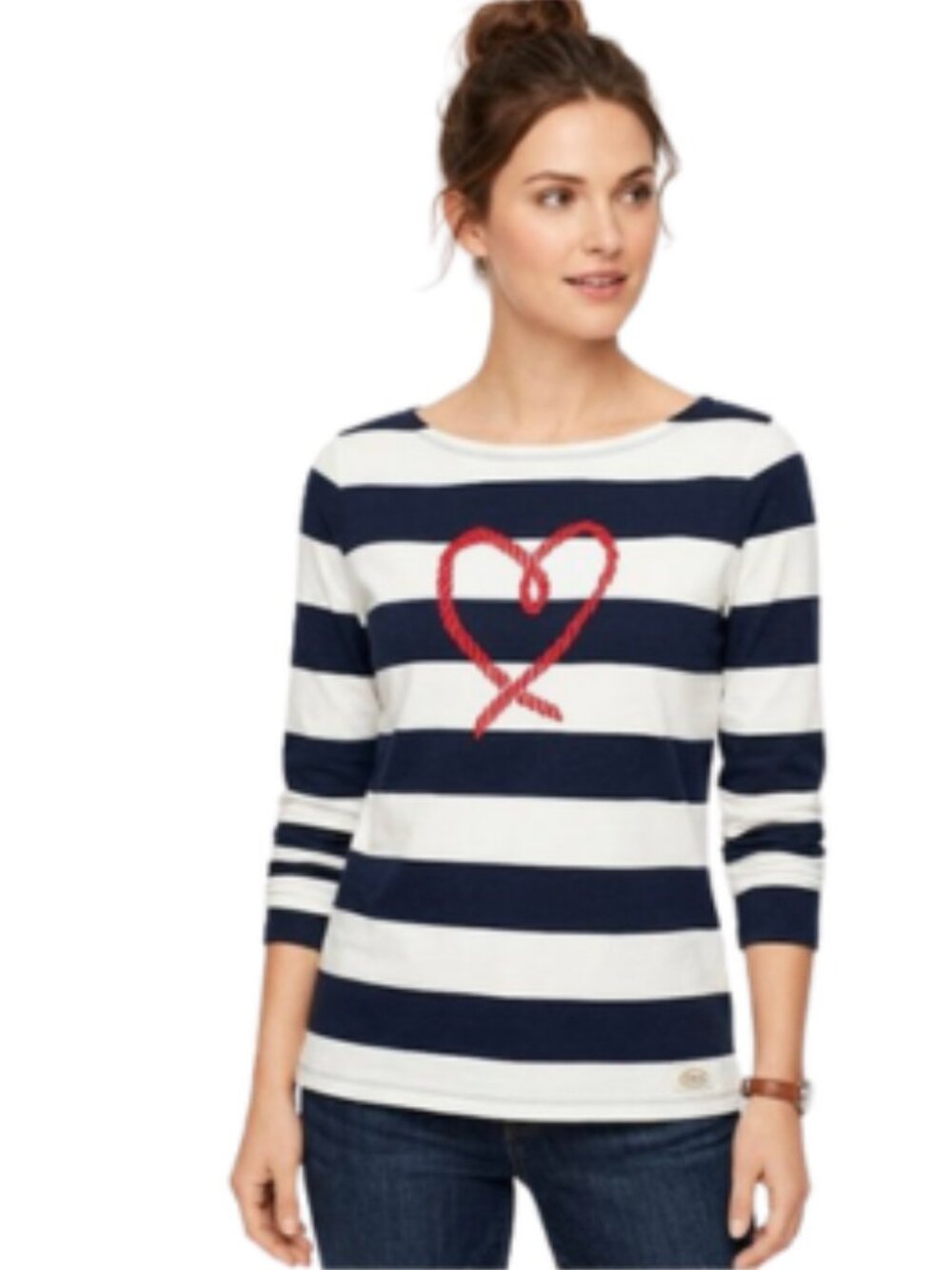 Talbots Nautical Striped Cotton Knit Top Navy & White with Red Rope Heart, sz XS